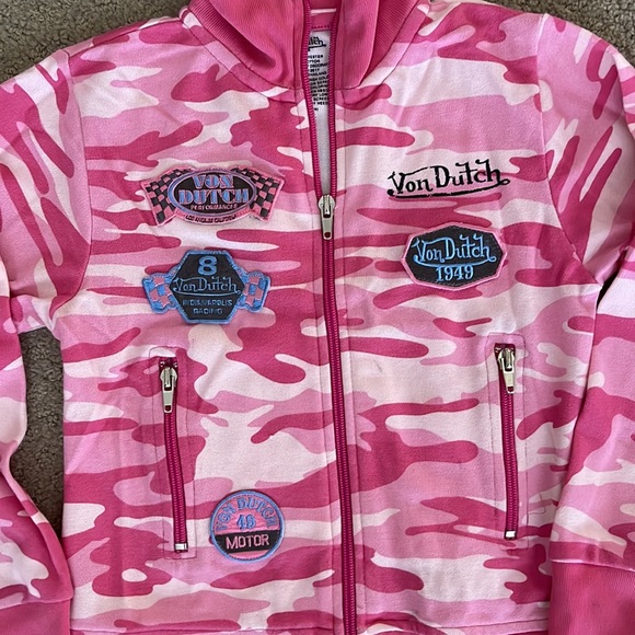 Pink camo Von Dutch zip up hoodie with patches and design on back- brand new - Picture 2 of 7